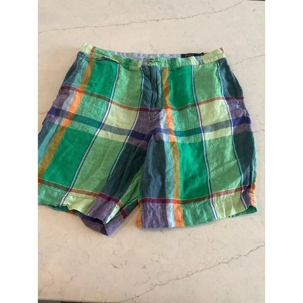 Polo Ralph Lauren Madras Linen Shorts Mens Classic Green Plaid Preppy Summer 35